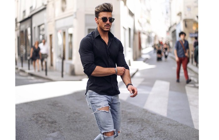 Black Casual Shirt + Blue Ripped Jeans + White Sneakers