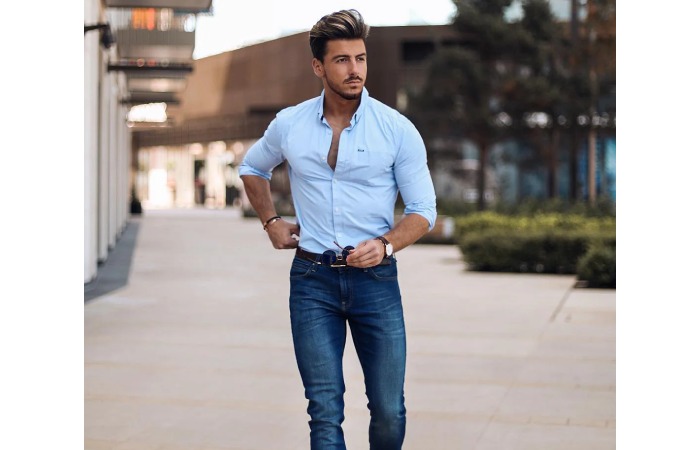 Light Blue Shirt + Indigo Denim + Dark Brown Penny Loafers