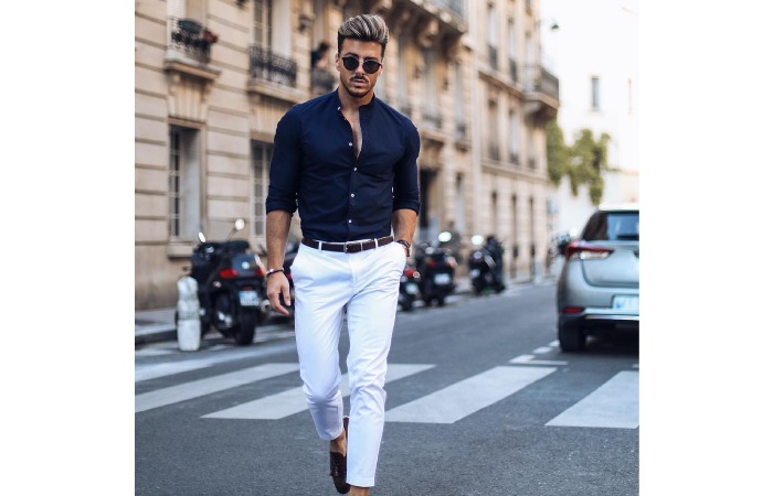 White Pants + Navy Shirt + Brown Loafers